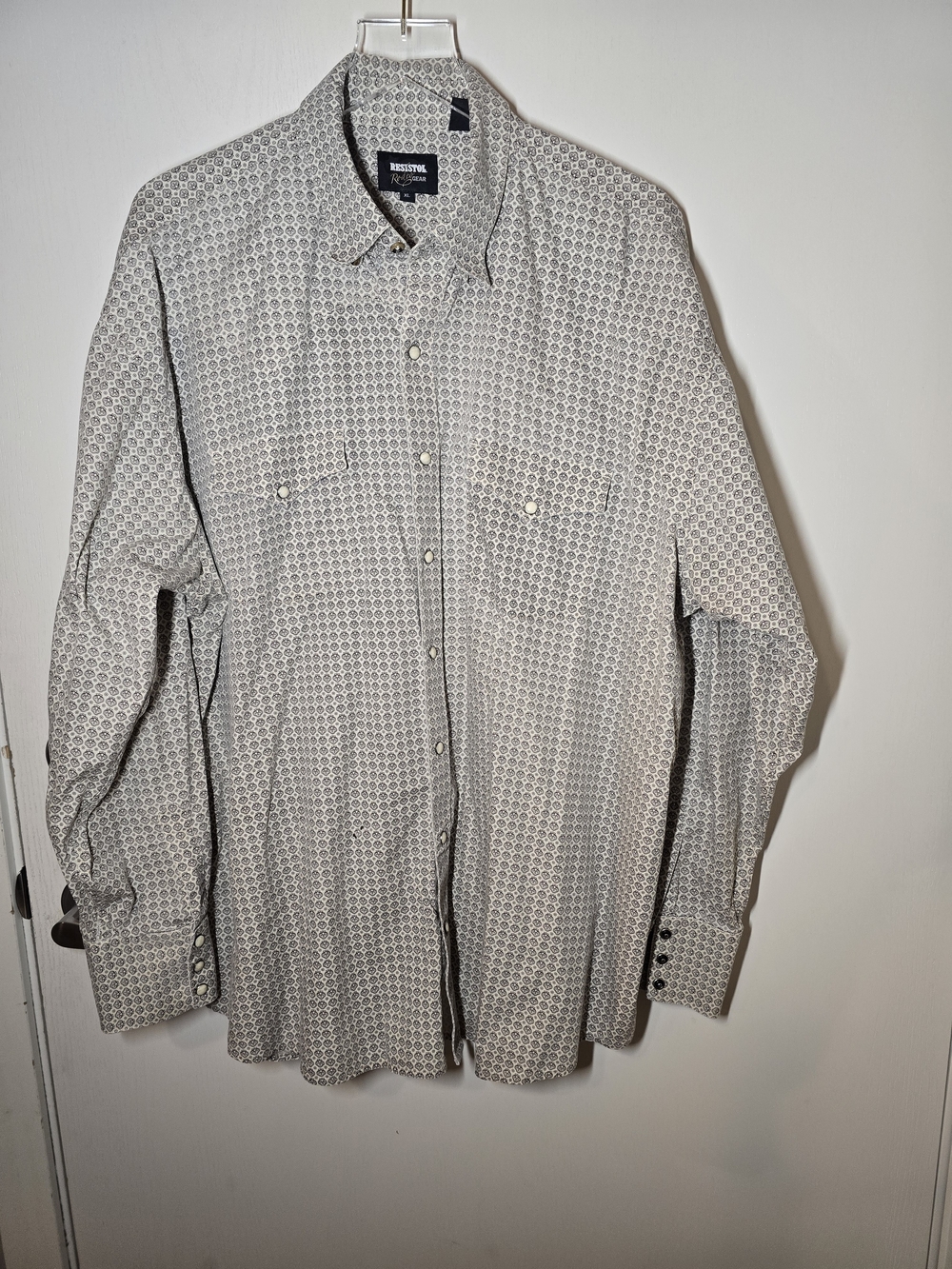 Western Shirt, Retro Geo Print Long-Sleeve Shirt in Off-White/Gray